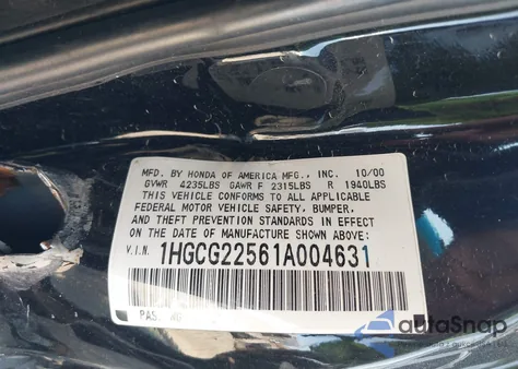 2001 Honda Accord 3.0 Ex из США, поврежденный, VIN 1HGCG22561A004631